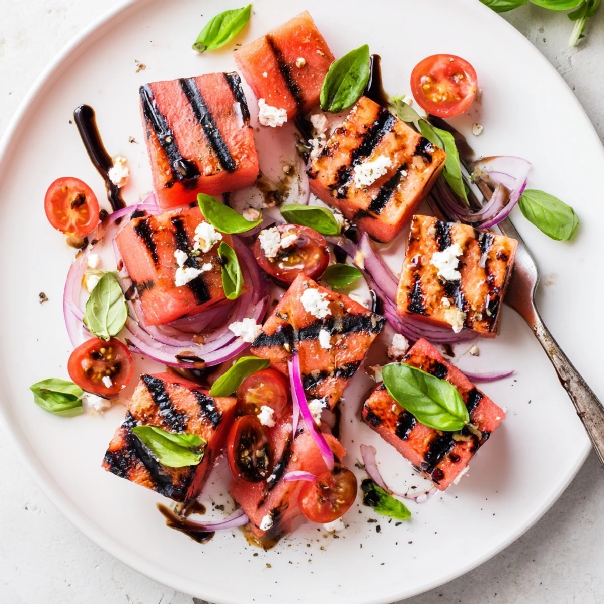 Colorful bowl of smoky grilled watermelon, feta cheese, and basil drizzled with balsamic