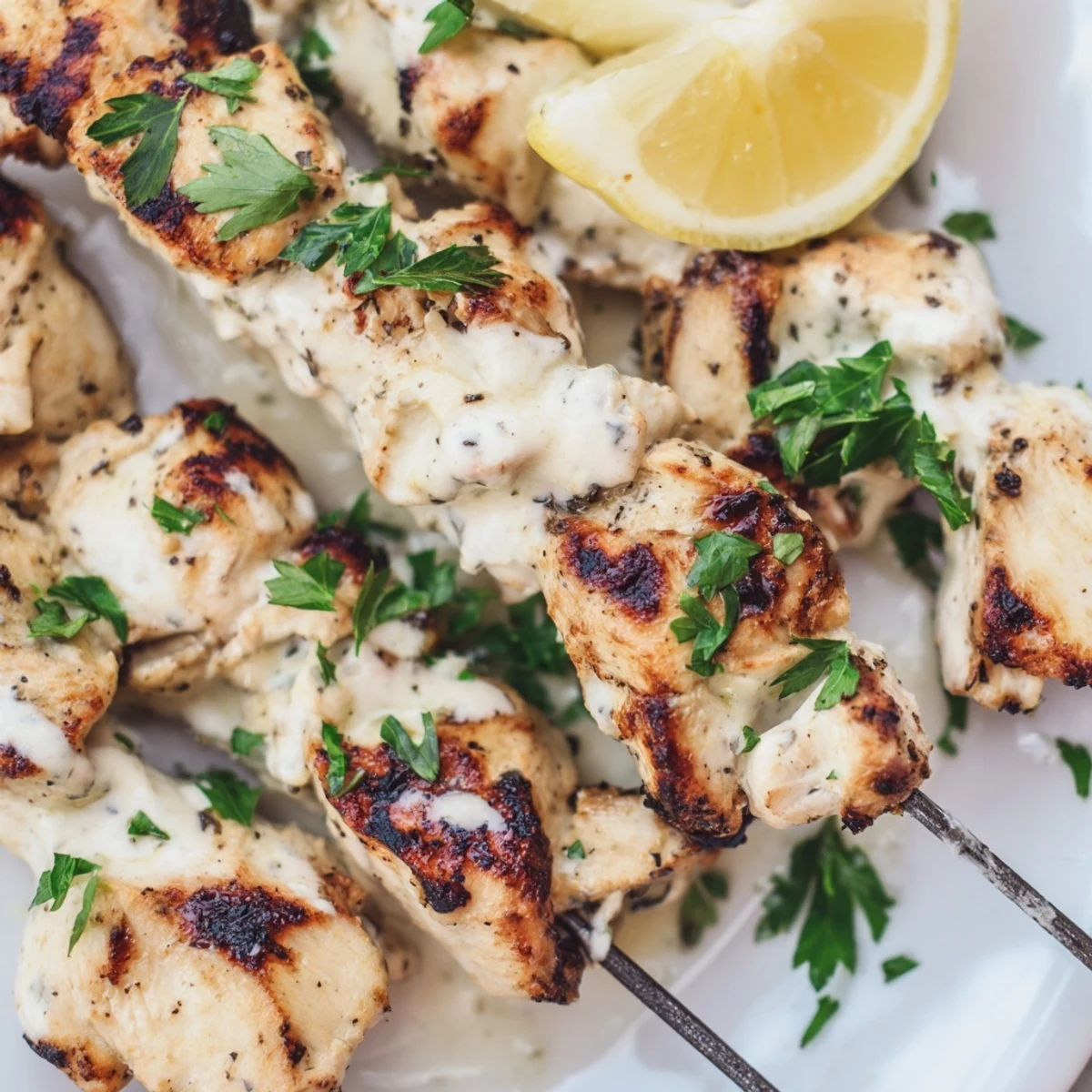 Golden Greek yogurt marinated chicken skewers grilled to juicy perfection with fresh herbs and spices on metal skewers