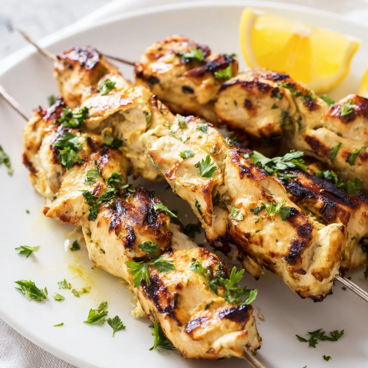 Perfectly grilled Greek yogurt marinated chicken skewers plated with lemon wedges and chopped parsley for a fresh Mediterranean dinner