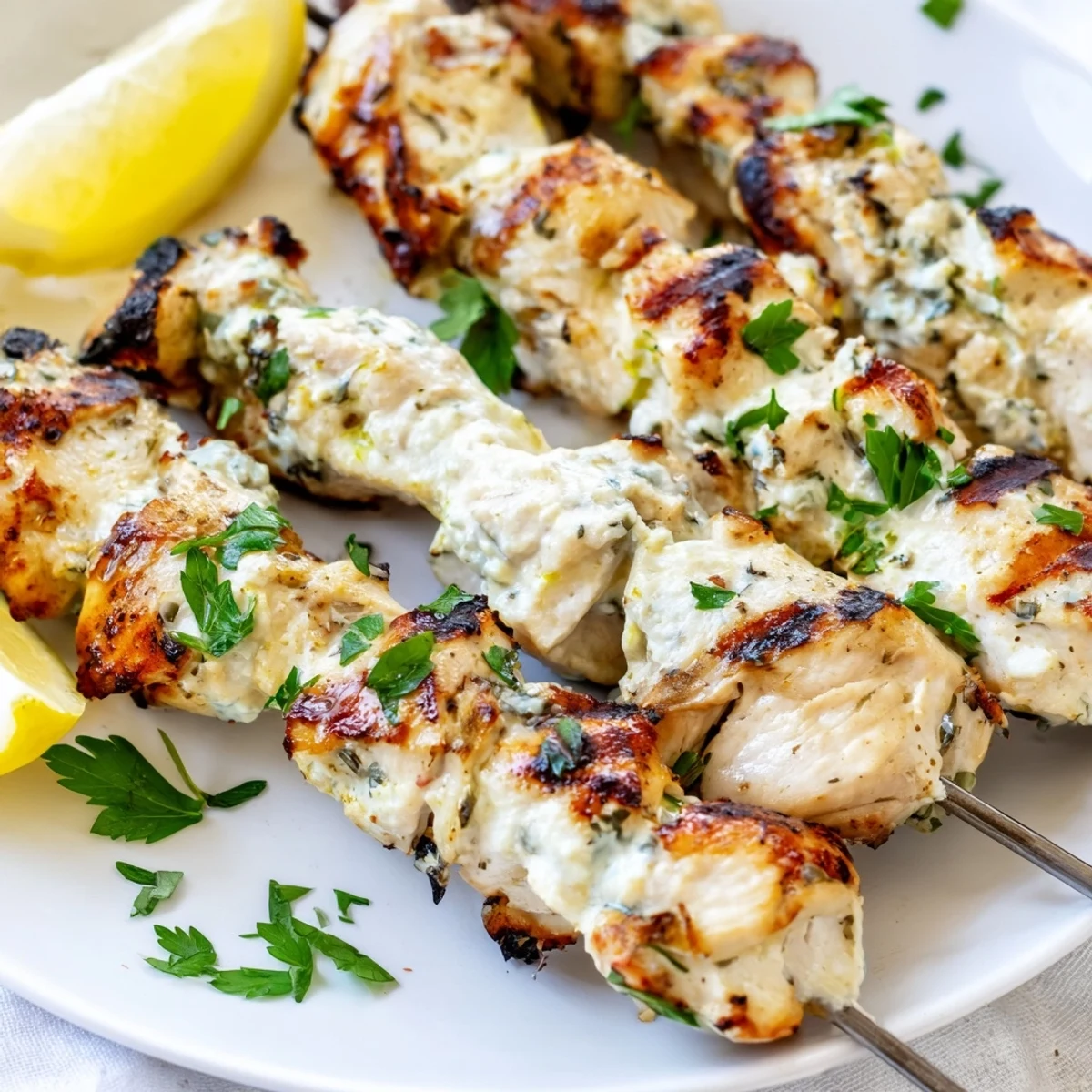 Tender Greek yogurt marinated chicken pieces threaded onto skewers featuring a light char and zesty lemon herb marinade
