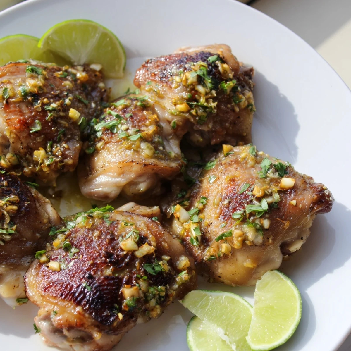 Golden roasted Cuban mojo chicken thighs with crispy skin and fresh citrus herb garnish on a white serving platter
