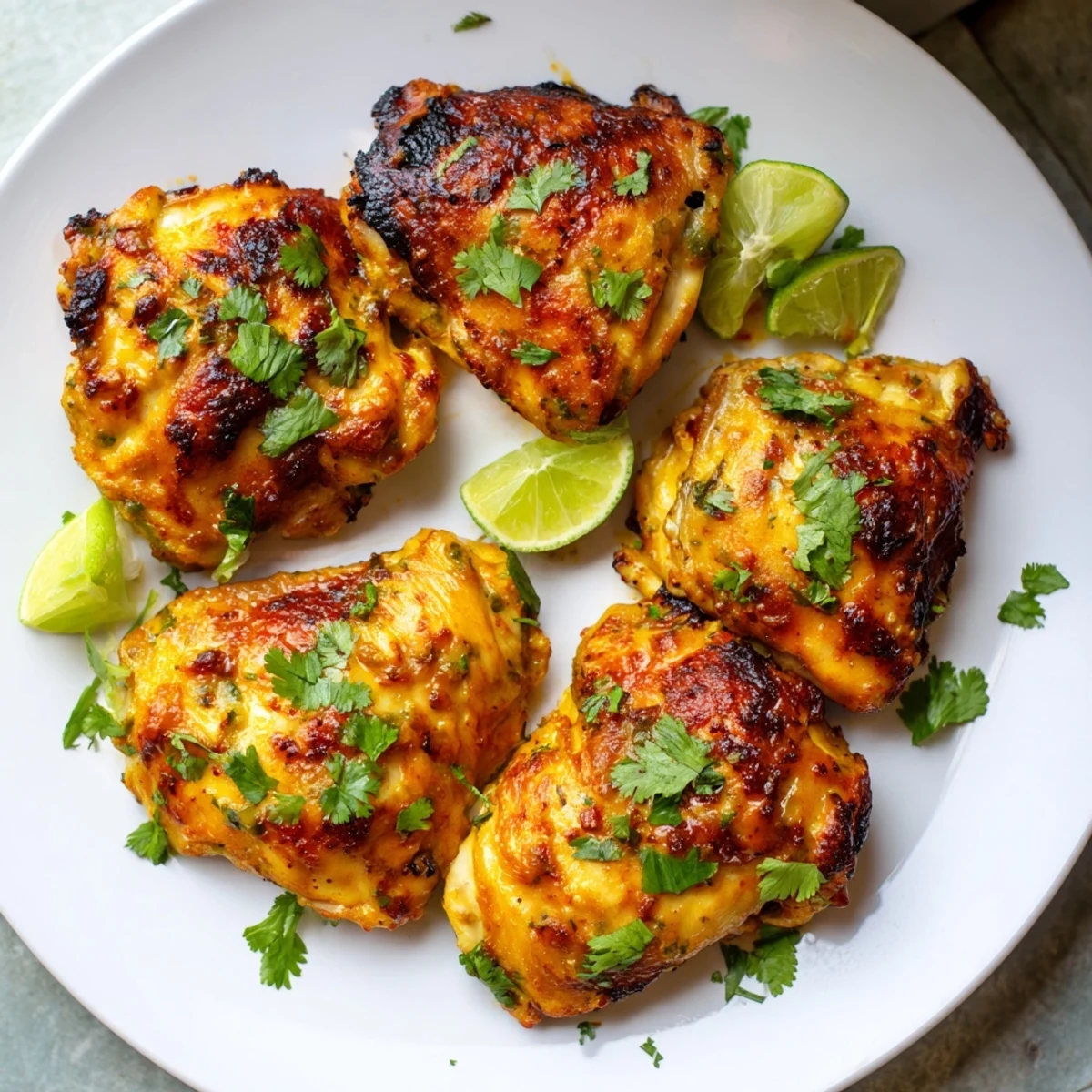 Juicy chicken thighs marinated in vibrant citrus Cuban mojo sauce, roasted to golden perfection with zesty lime wedges