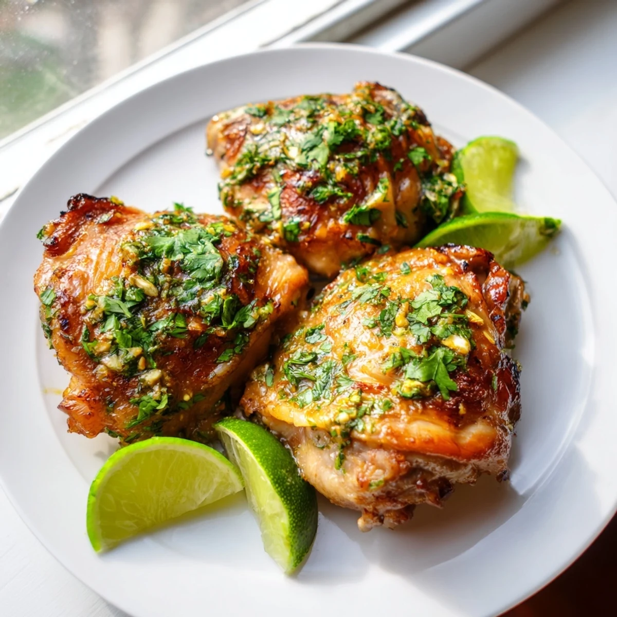 Crispy skin-on Cuban mojo chicken thighs garnished with fresh cilantro, served with lime for a zesty Cuban dinner