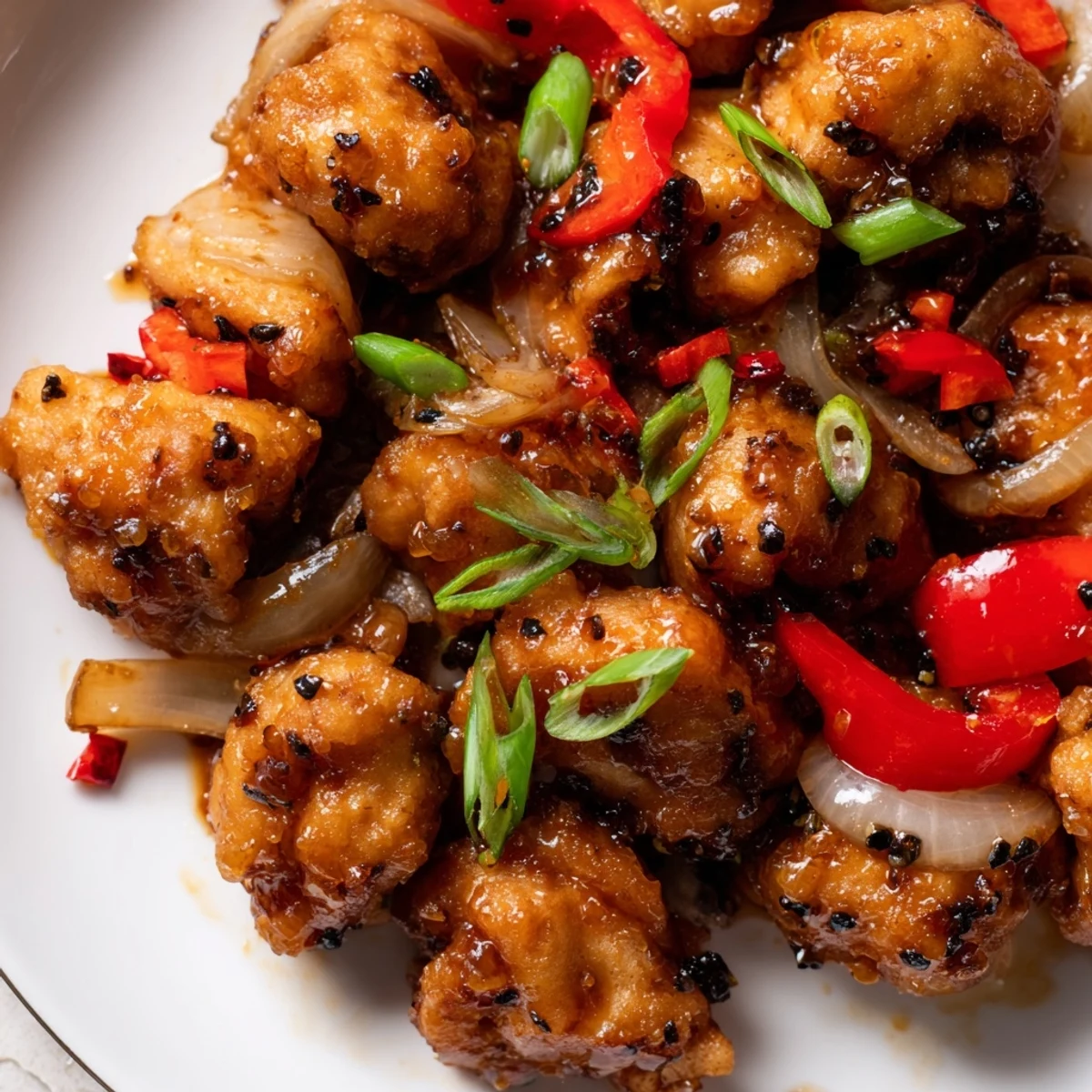 Golden crispy pepper chicken pieces tossed with colorful bell peppers in a savory black pepper sauce
