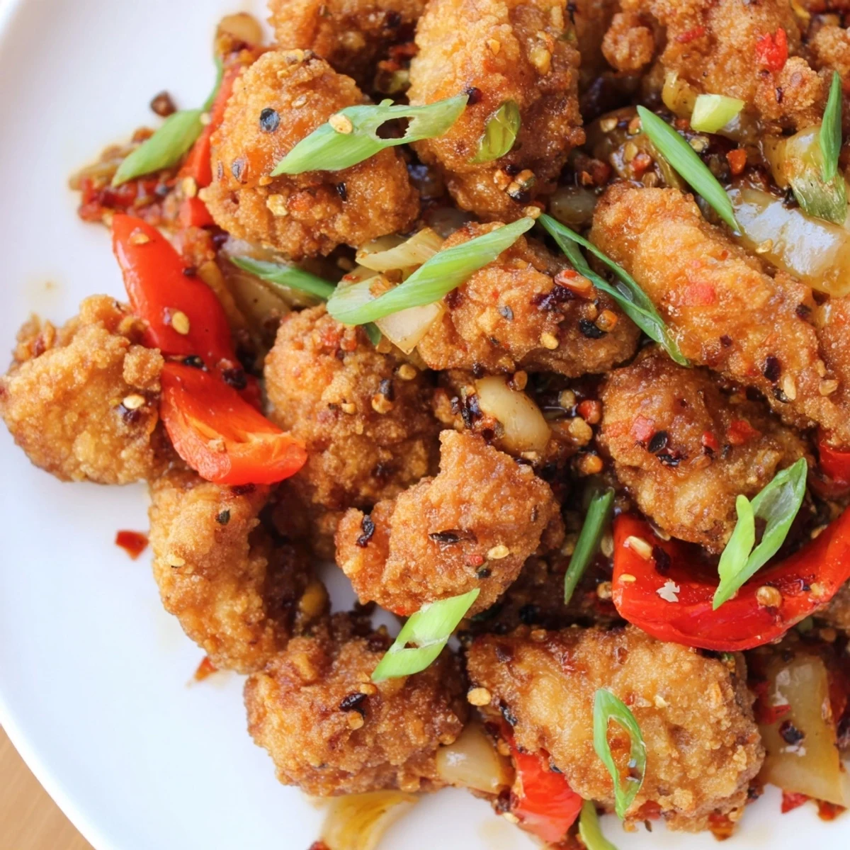 Juicy fried chicken coated in cornstarch and served with sautéed vegetables for an easy Asian-inspired dinner