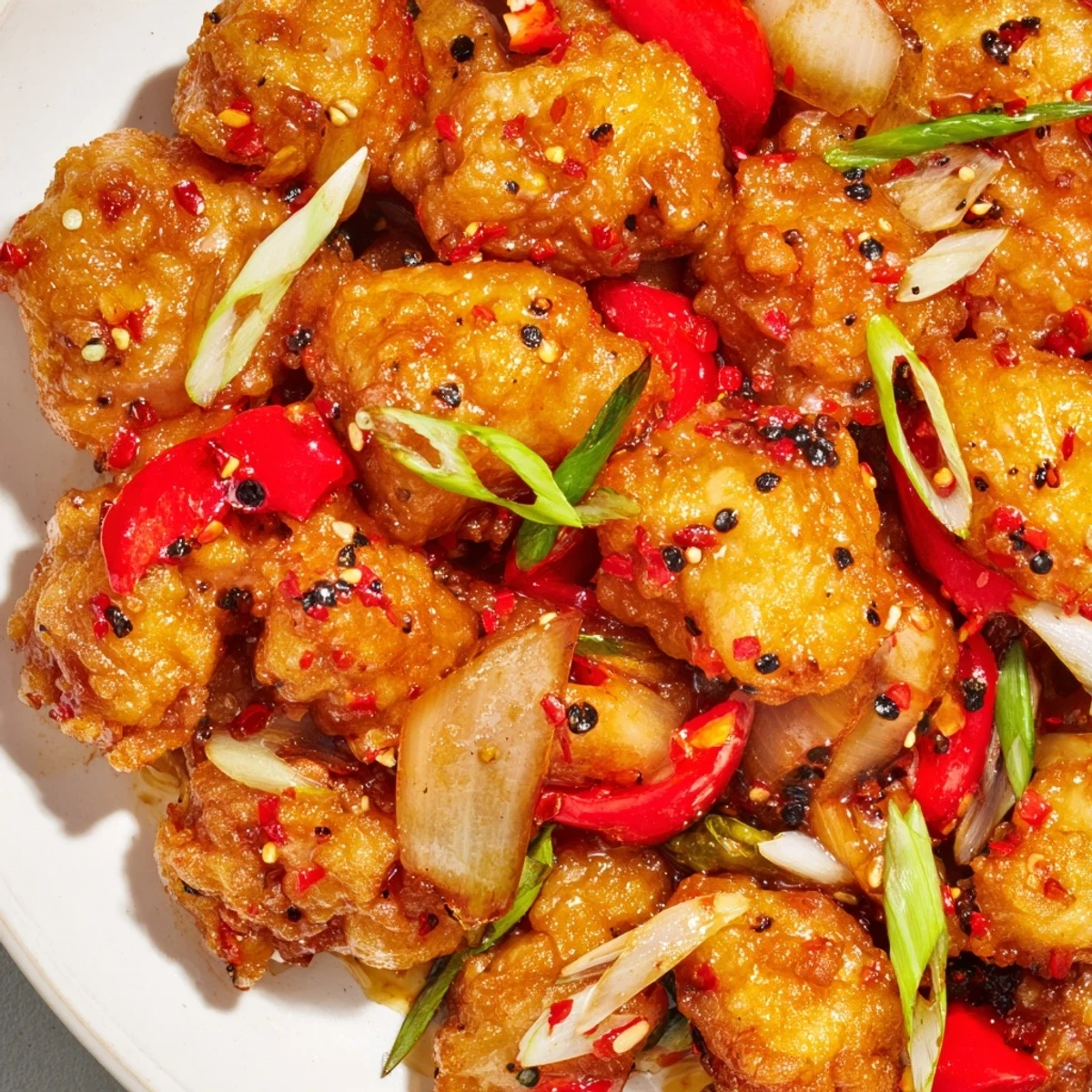 Close-up of crispy pepper chicken with freshly cracked black pepper garnish on a white serving plate