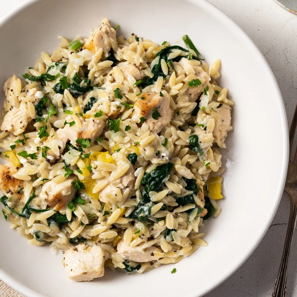 Golden chicken pieces nestled with orzo pasta and wilted spinach in this comforting one pan Boursin chicken orzo