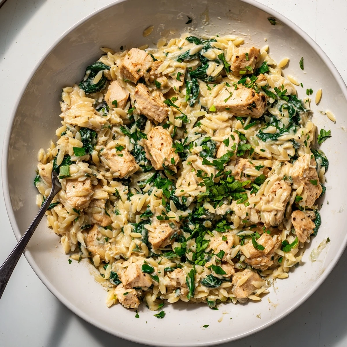 Creamy one pan Boursin chicken orzo with tender spinach in a rich, velvety sauce