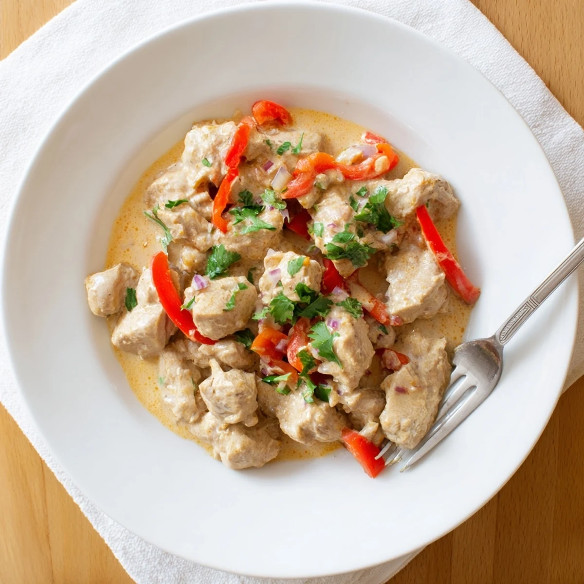 Golden Brazilian coconut chicken pieces swimming in creamy white sauce with red bell pepper strips and fresh cilantro garnish