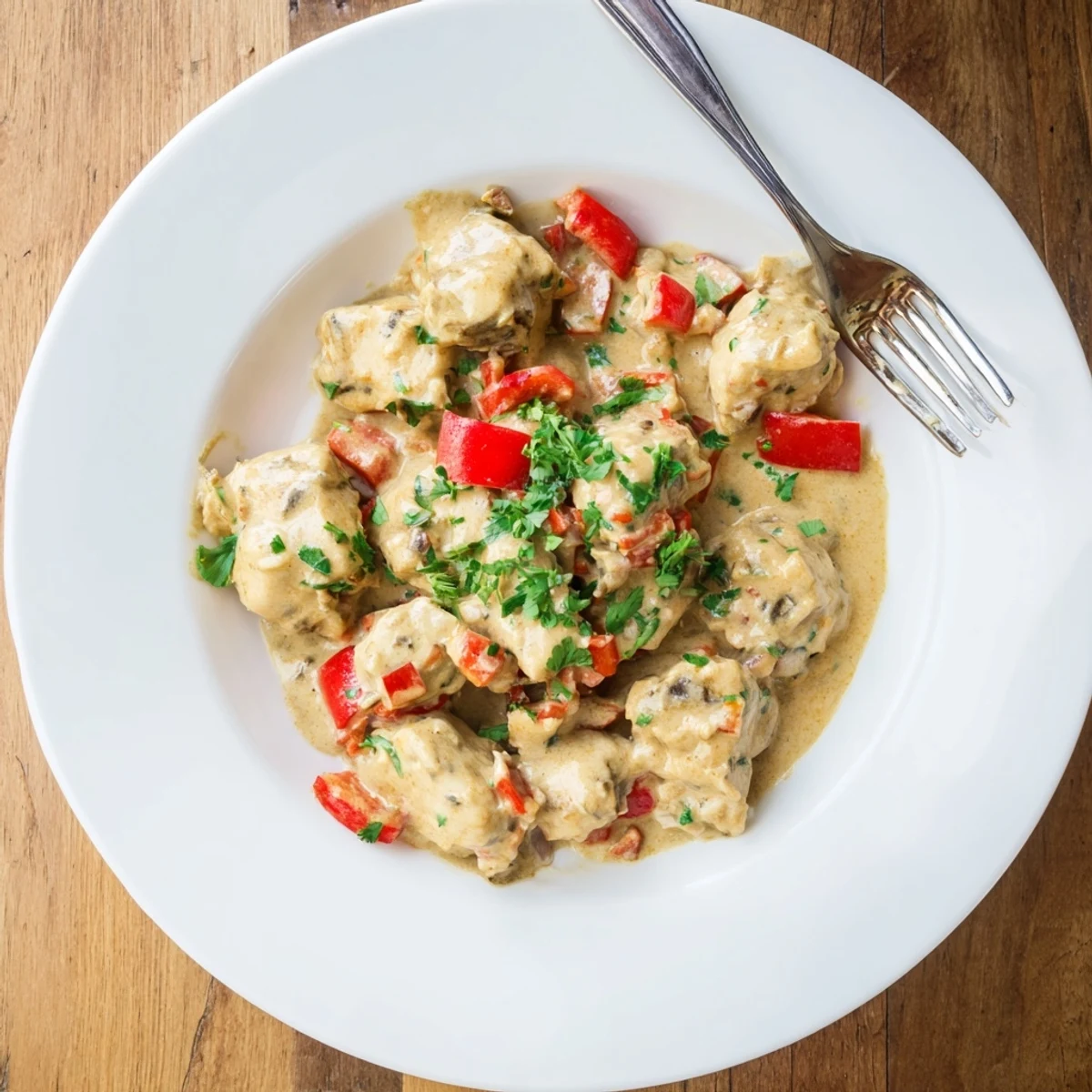 Tender chicken simmered in rich coconut milk with vibrant red peppers and lime zest, served over steamed white rice