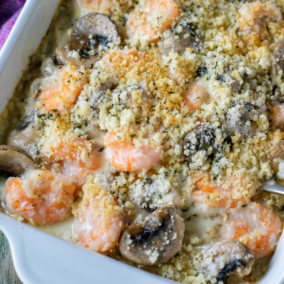 Golden baked shrimp mushroom casserole with crispy panko topping and bubbling cheese sauce