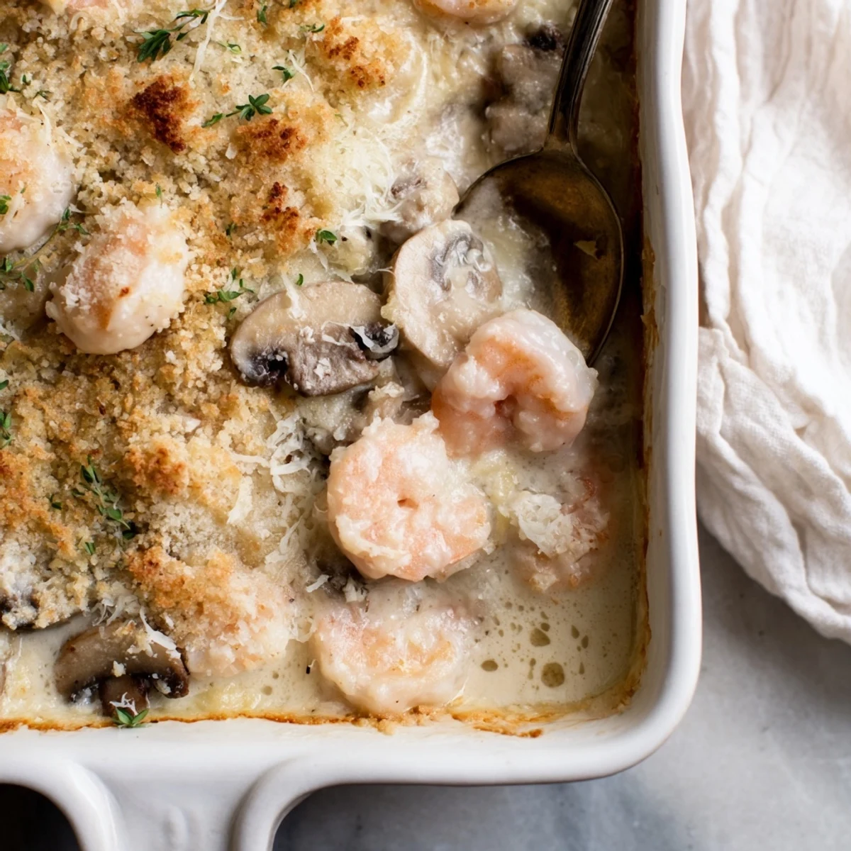 Creamy shrimp mushroom casserole featuring tender seafood and earthy mushrooms in a rich sauce