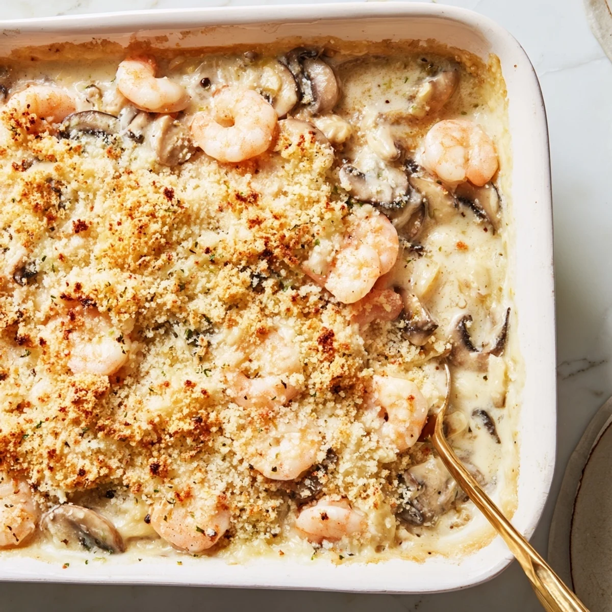 Homemade shrimp mushroom casserole fresh from the oven with golden brown breadcrumb crust