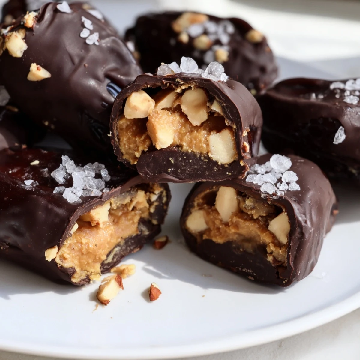 Decadent stuffed date Snickers feature creamy peanut butter and crunchy peanuts coated in dark chocolate