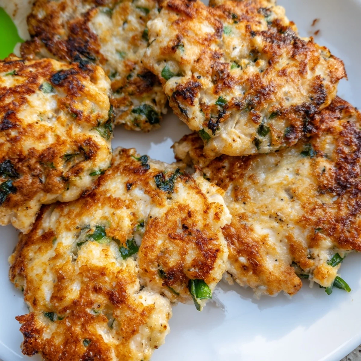 Savory low-carb chicken fritters with melted mozzarella cheese crisp-fried to perfection in a skillet