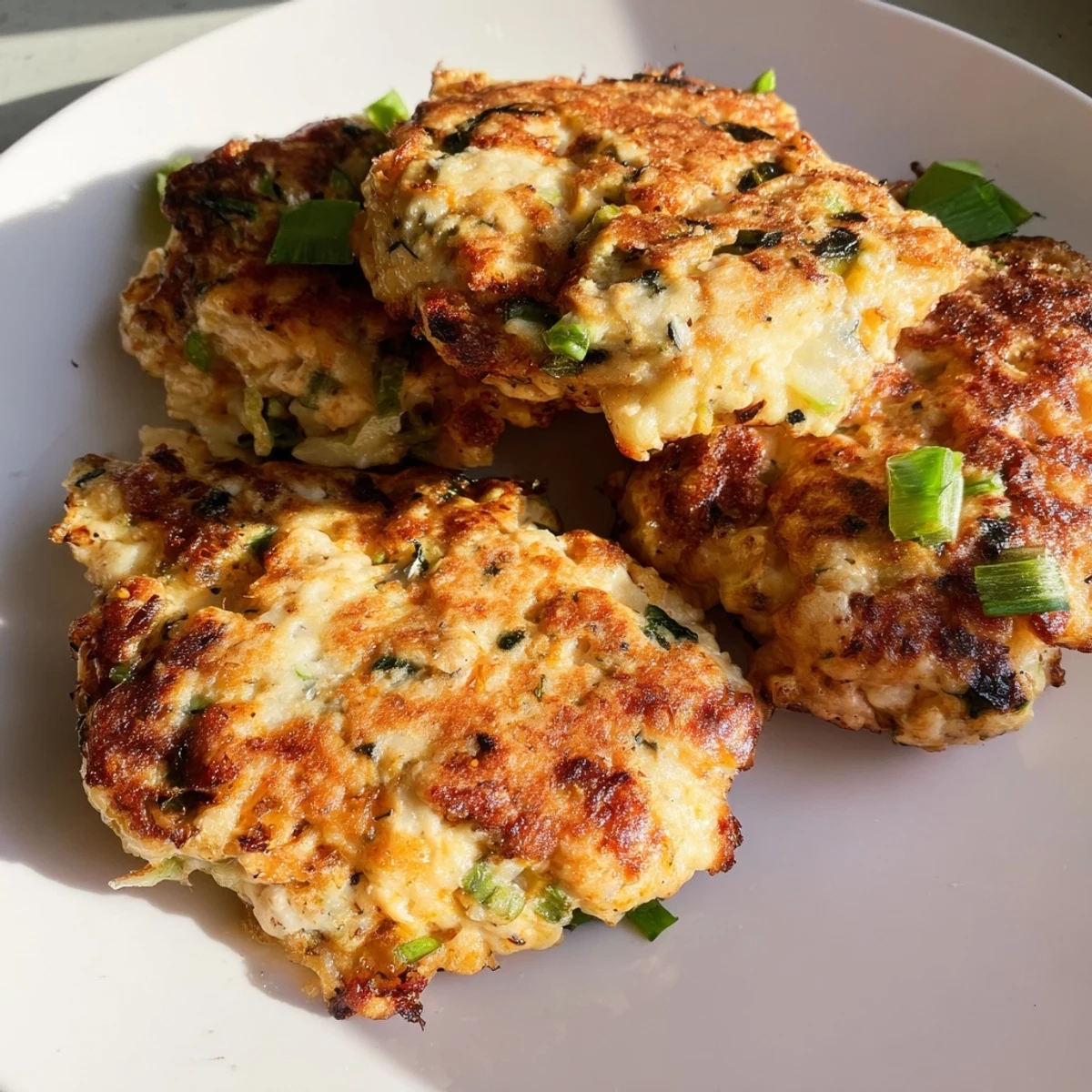 Golden brown keto cheesy chicken fritters served hot on a white plate with fresh parsley garnish