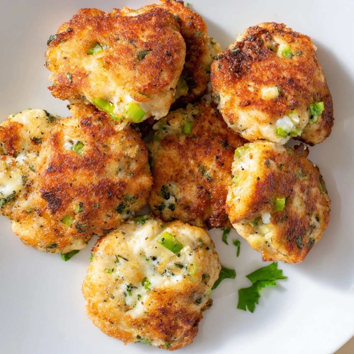 Protein-packed keto cheesy chicken fritters arranged on a serving platter with dipping sauce and herbs