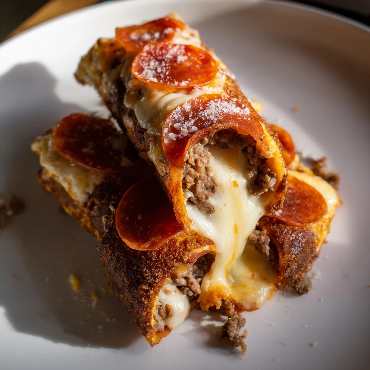 Golden baked keto beef pepperoni cheese roll ups with melted mozzarella and parmesan topping