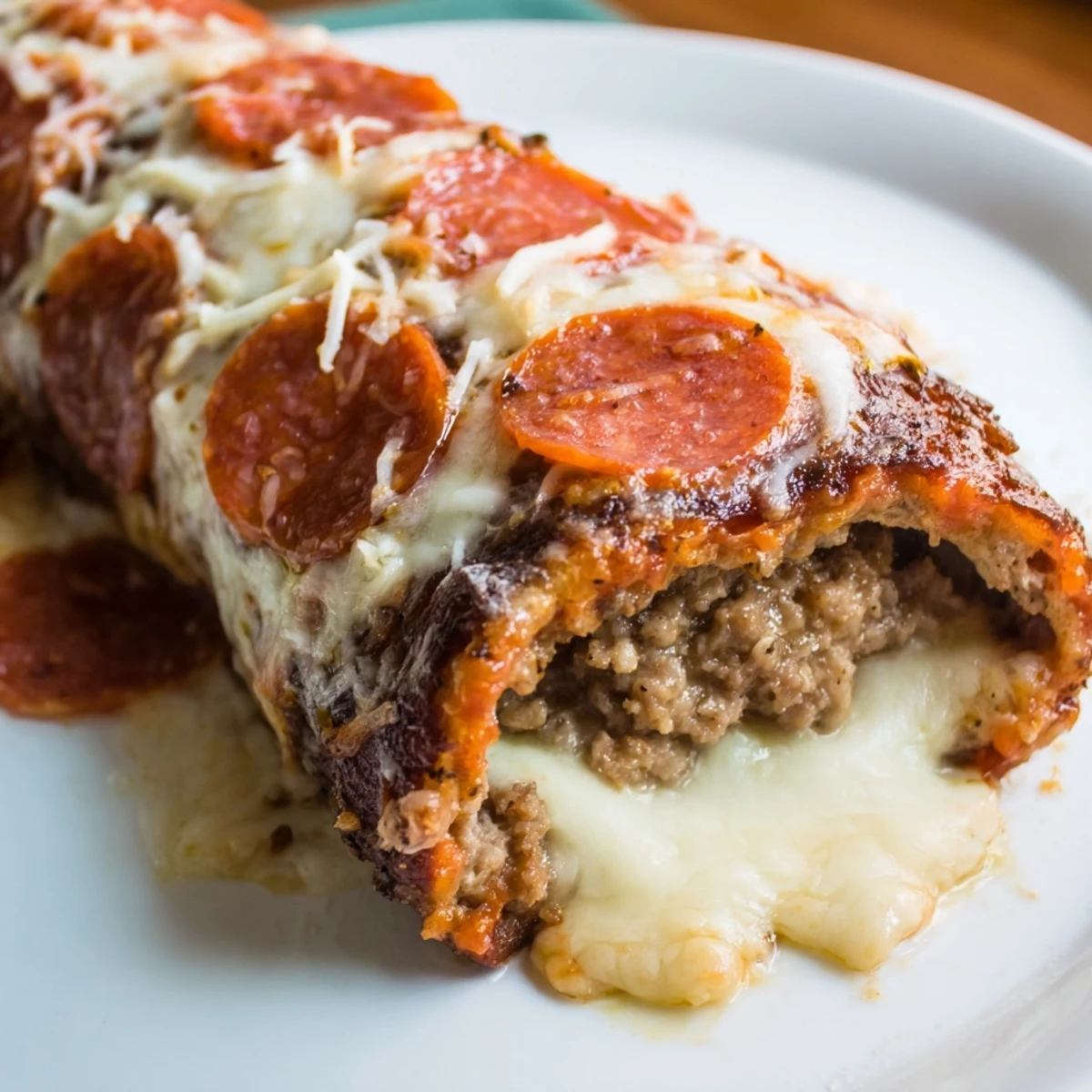 Savory low-carb beef roll ups stuffed with pepperoni slices and oozing warm cheese