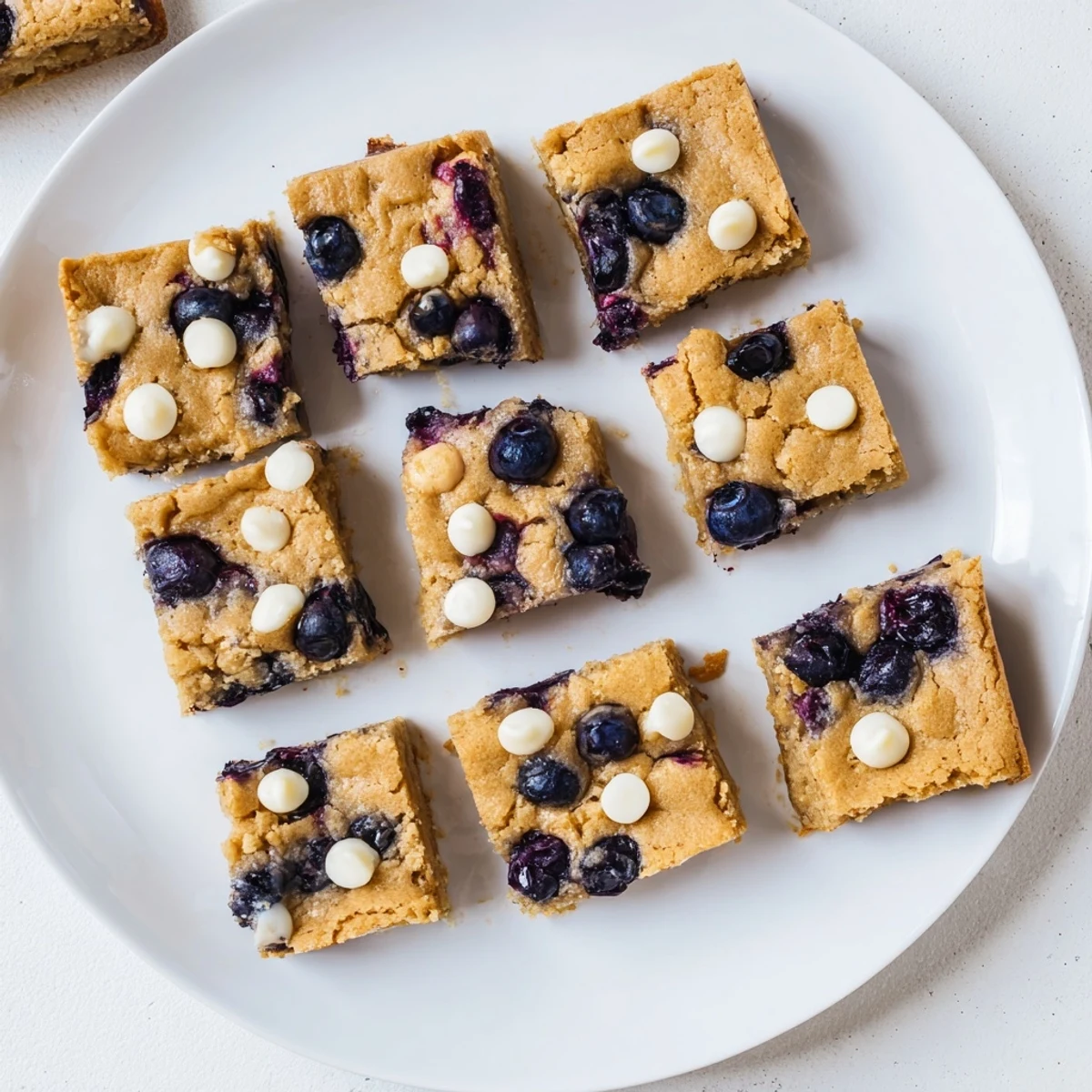 Soft baked blueberry blondies sliced into squares with plump fruit throughout