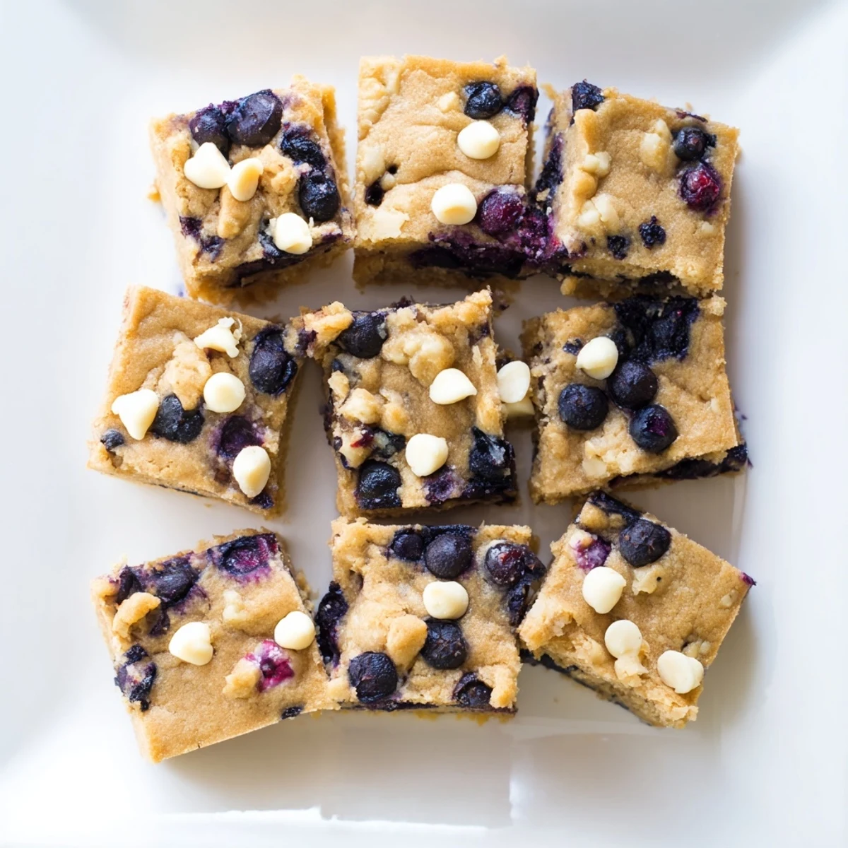 Golden blueberry blondies with scattered berries on a rustic wooden board