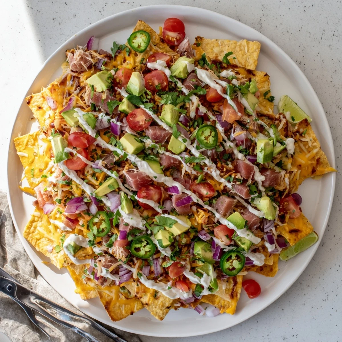 Crispy tortilla chips piled with seared tuna, fresh avocado, and zesty jalapeño-lime crema drizzled on top