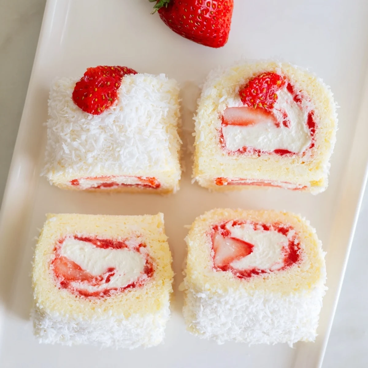 Bite-sized strawberry shortcake sushi rolls arranged on a plate, showcasing spiral cross-sections of red berries and white cream