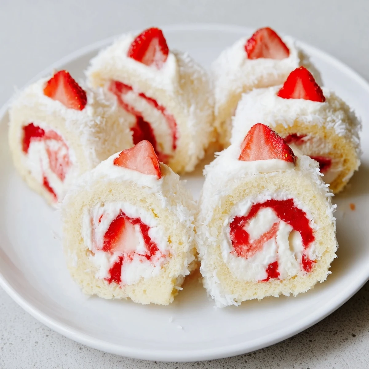 Whimsical strawberry shortcake sushi rolls featuring fluffy sponge cake filled with sweetened whipped cream and fresh diced strawberries