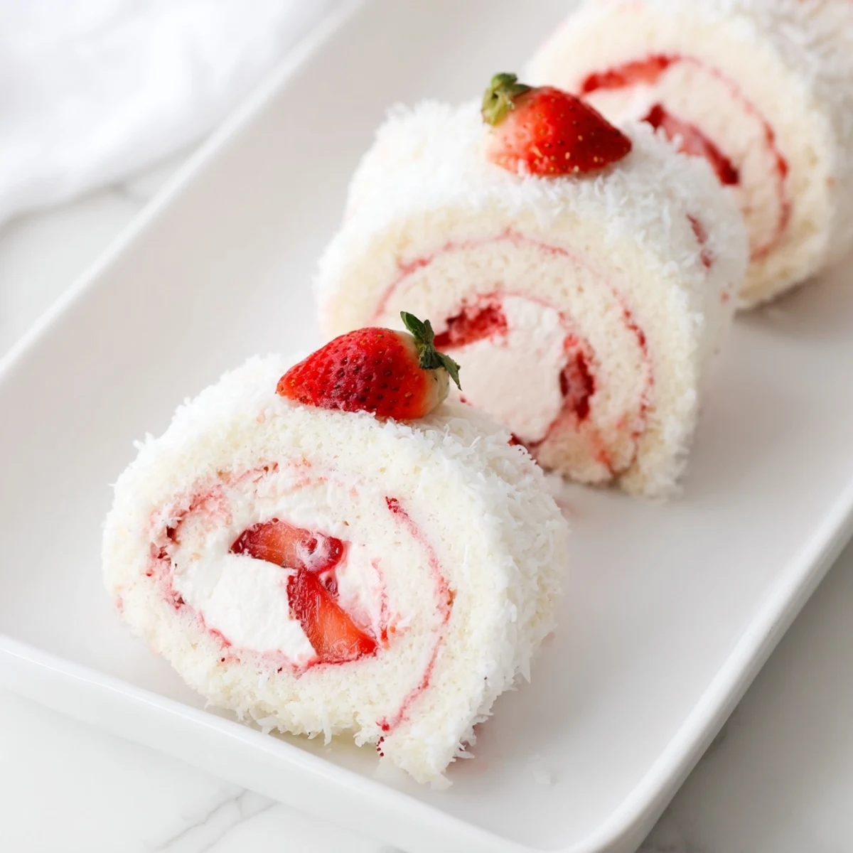 Dessert sushi rolls made with golden sponge cake wrapped around strawberry whipped cream filling, garnished with fresh strawberry slices