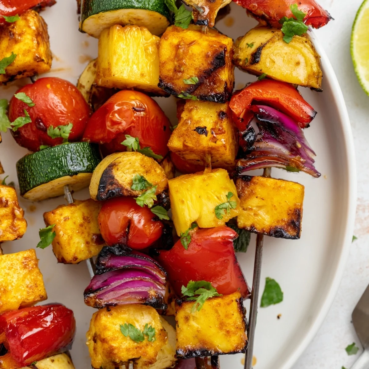 Pineapple Vegetable Skewers sizzling on grill, juicy pineapple, charred colorful veggies.