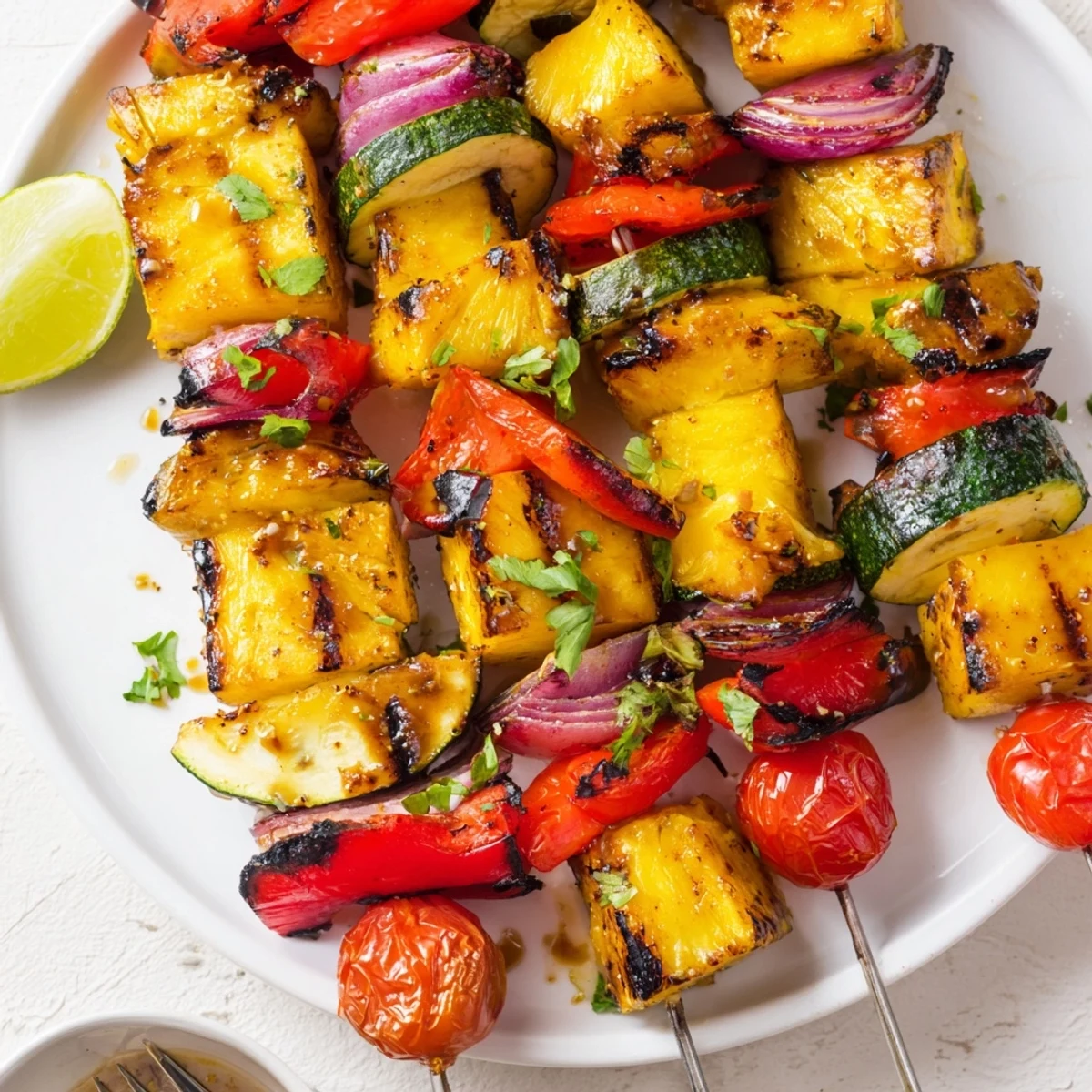 Marinated Pineapple Vegetable Skewers threaded with zucchini, pepper, red onion, charred.
