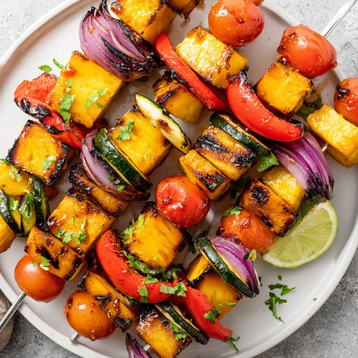 Grilled Pineapple Vegetable Skewers served hot with cilantro, lime and quinoa.