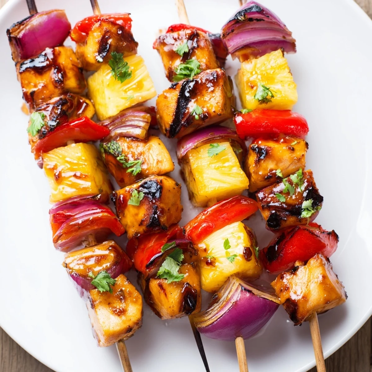 Pineapple Chicken Kabobs glistening with honey lime glaze and charred pineapple