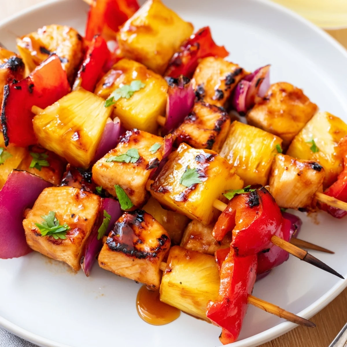 Grilled Pineapple Chicken Kabobs skewered with peppers and onions, steam rising