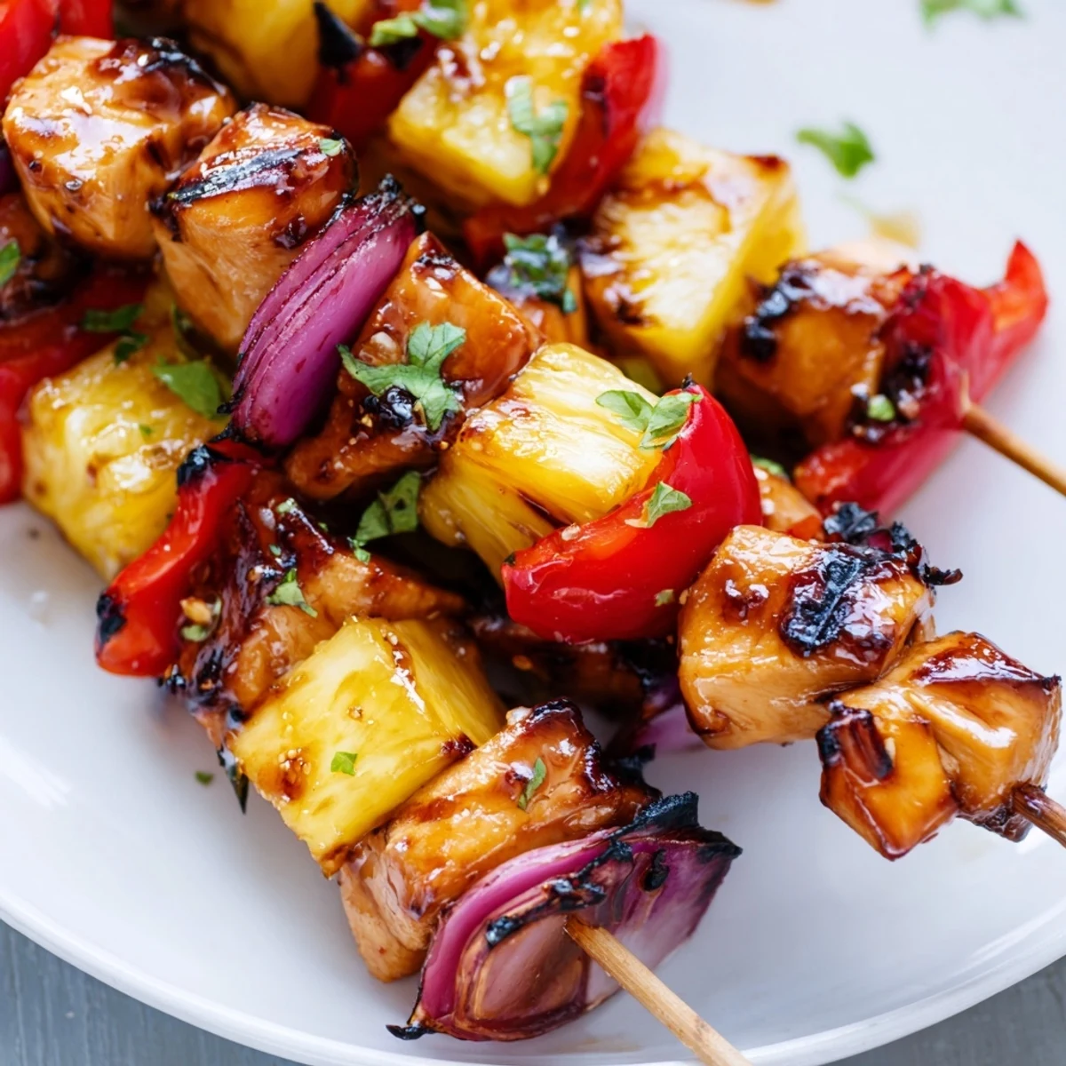 Close up of Pineapple Chicken Kabobs served over jasmine rice with cilantro