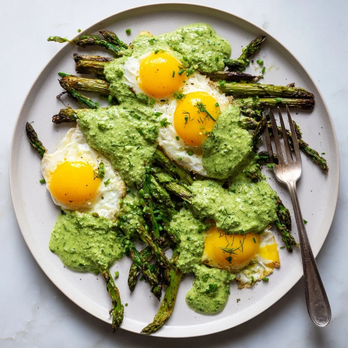 Golden crispy egg yolks with herb sauce drizzled over tender grilled asparagus spears