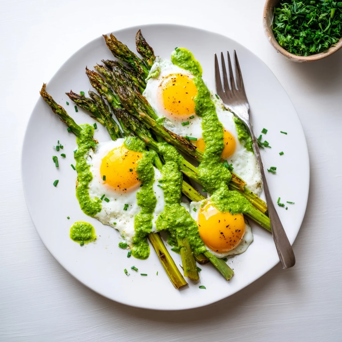Restaurant-style golden crispy egg yolks served atop charred asparagus with vibrant green herb sauce