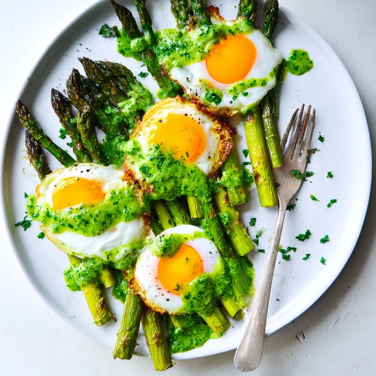 Crispy fried egg yolks arranged on asparagus plates with bright lemon-herb sauce