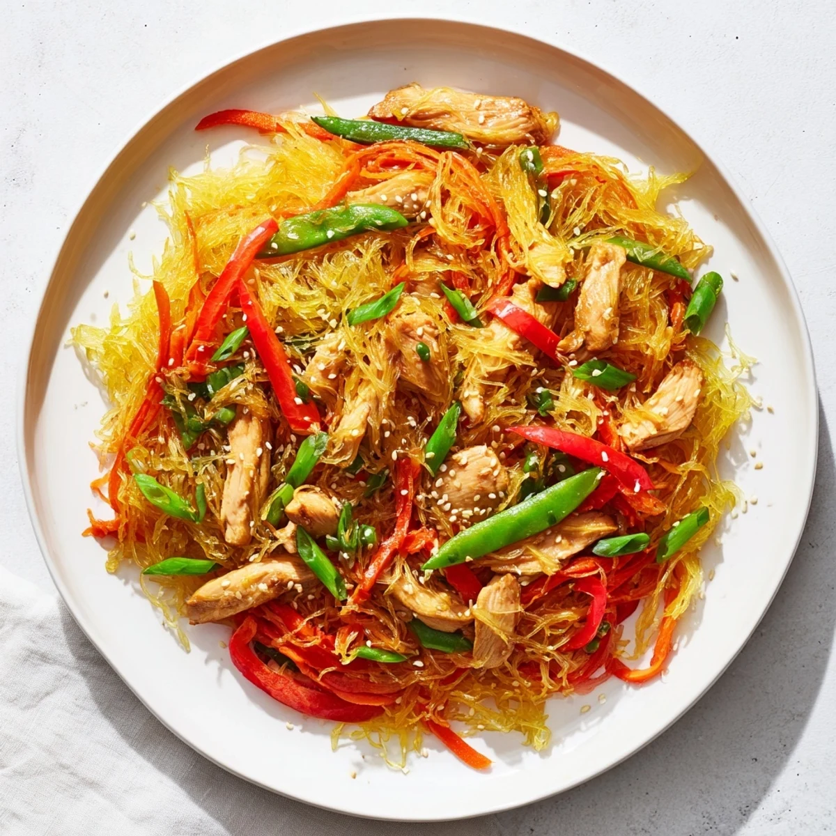 Glowing spaghetti squash chicken chow mein piled high with colorful snap peas and carrots in a white bowl