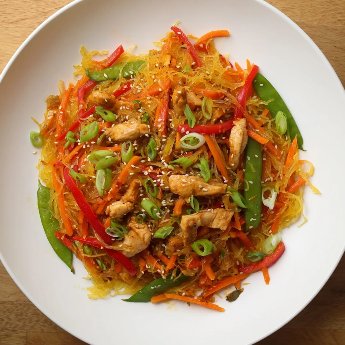 Wok-fried spaghetti squash chicken chow mein featuring tender sliced chicken and vibrant red bell pepper strips
