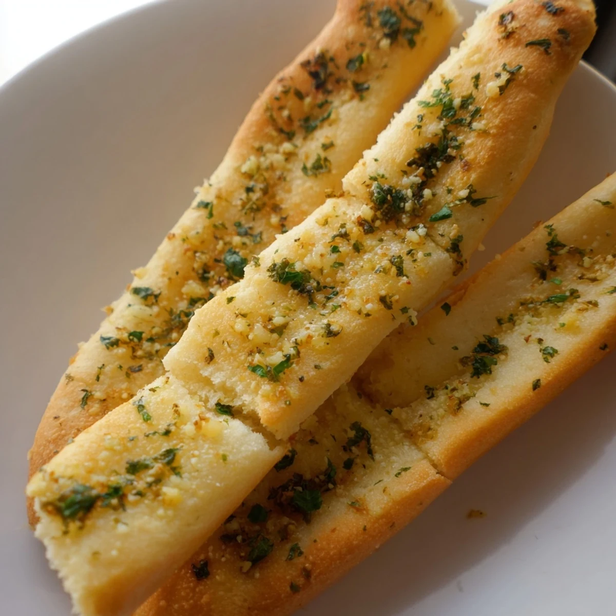 Golden homemade garlic breadsticks brushed with melted butter and fresh parsley on a wooden board