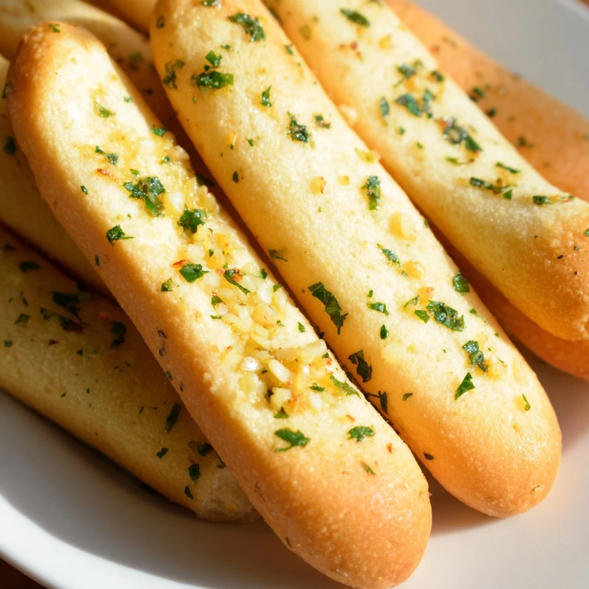 Soft Italian-American garlic breadsticks freshly baked with aromatic herbs and golden crispy edges