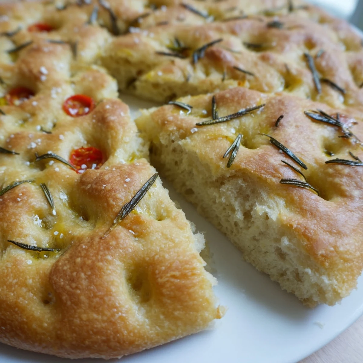 Golden homemade focaccia bread topped with fresh rosemary and flaky sea salt on a wooden board