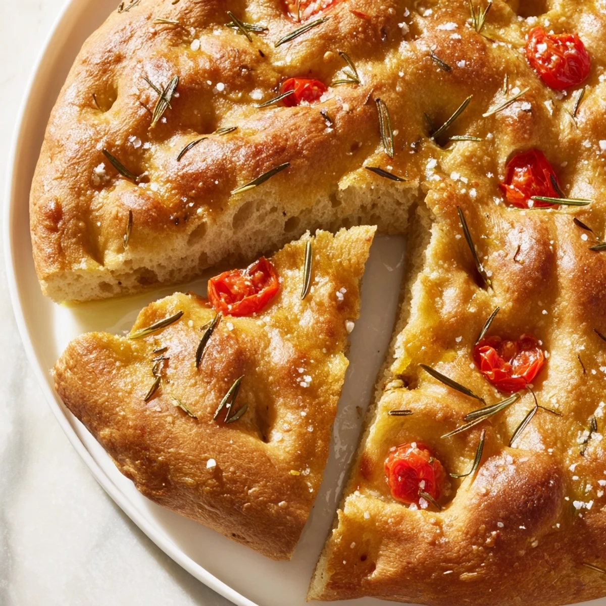Crispy focaccia flatbread scattered with rosemary sprigs and coarse salt, perfect for dipping