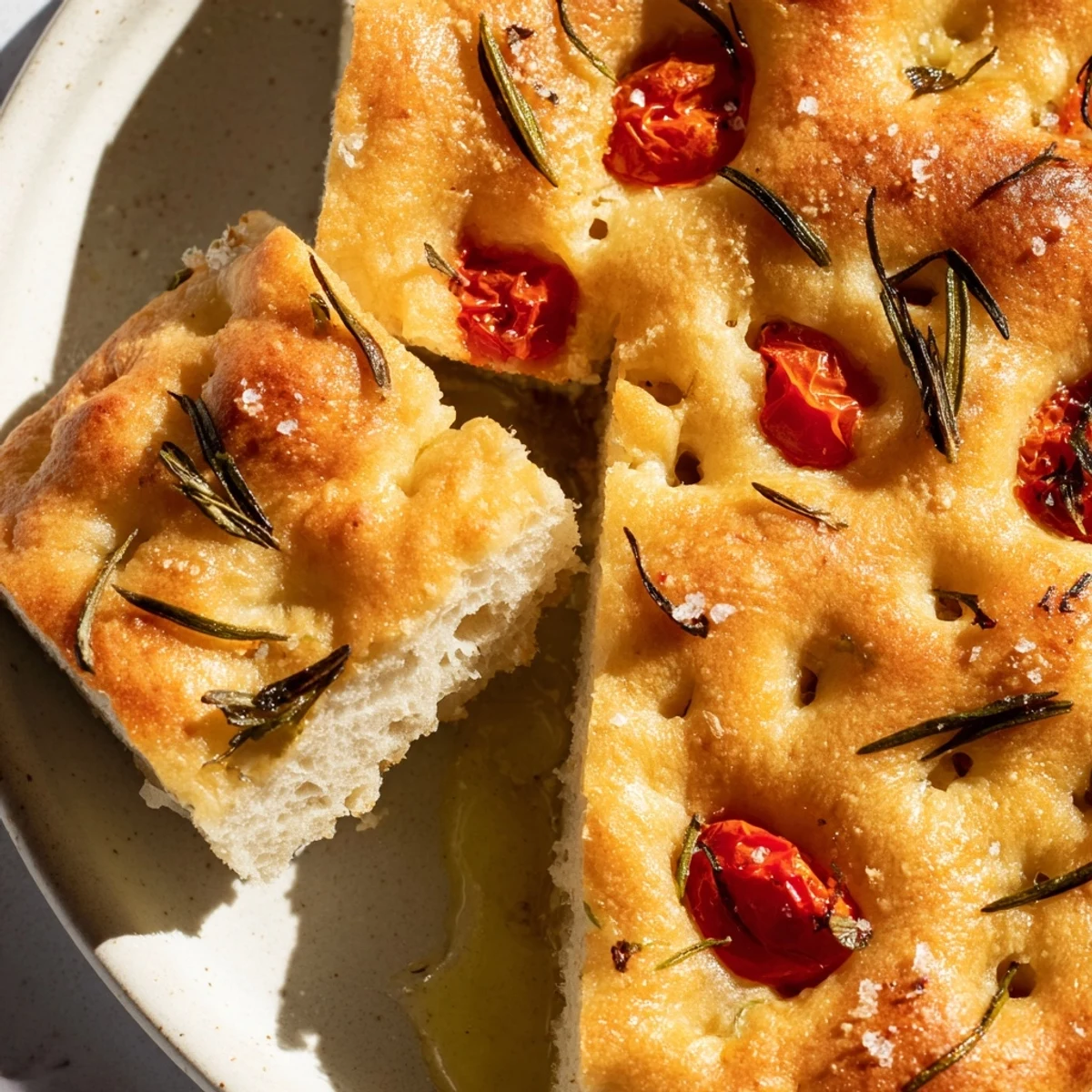 Rustic Italian focaccia with dimpled texture, fragrant olive oil, and herb crust ready for slicing