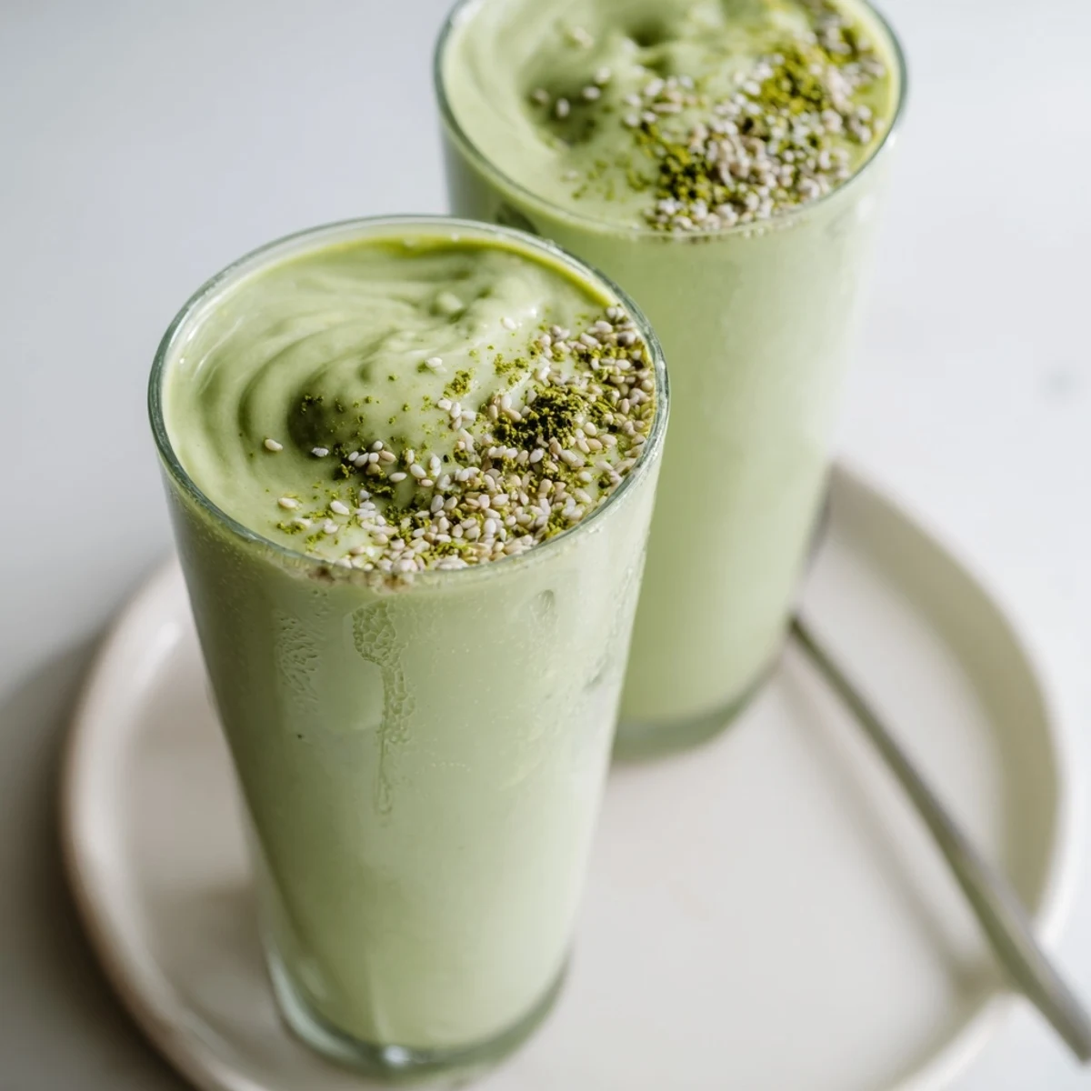 Vibrant green Matcha Smoothie poured into glass, topped with chia seeds