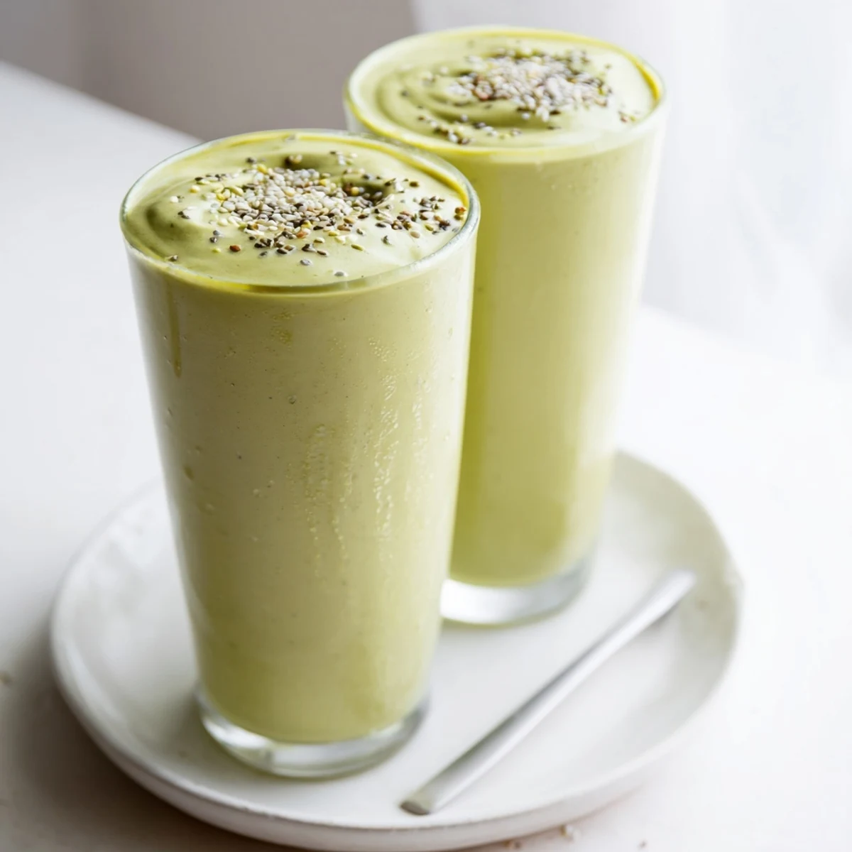 Creamy Matcha Smoothie with ripe banana, chilled and frothy for breakfast