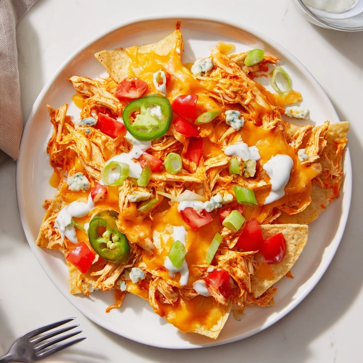 Buffalo Chicken Nachos piled high, melted cheese bubbling, jalapeños and ranch drizzle