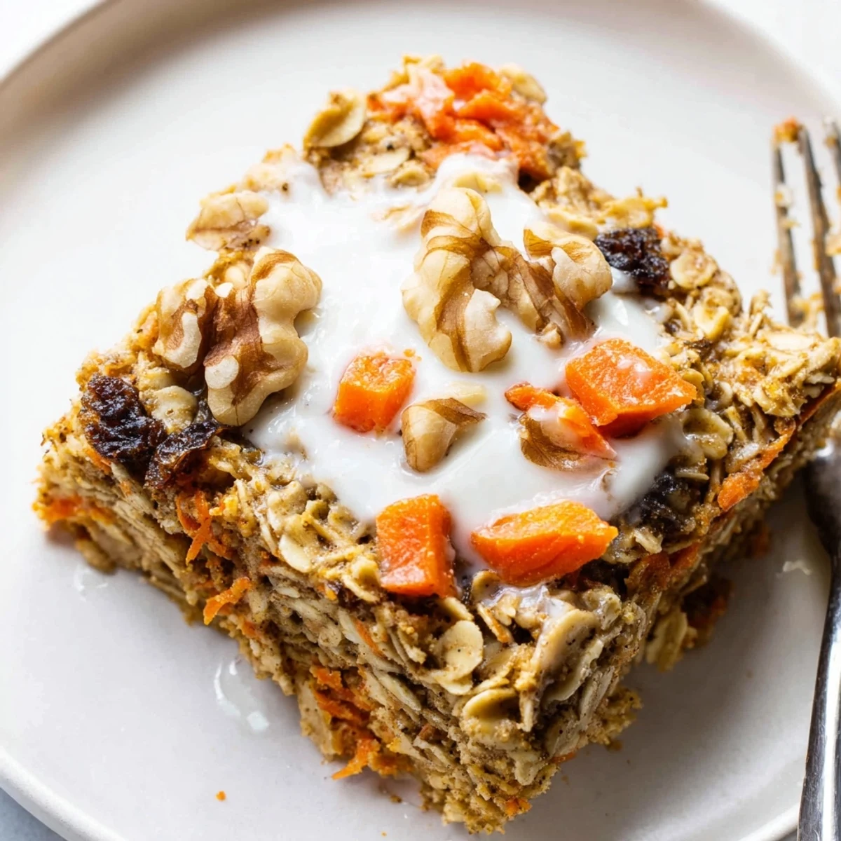 Carrot Cake Baked Oatmeal with golden crust, warm spices, steaming in dish