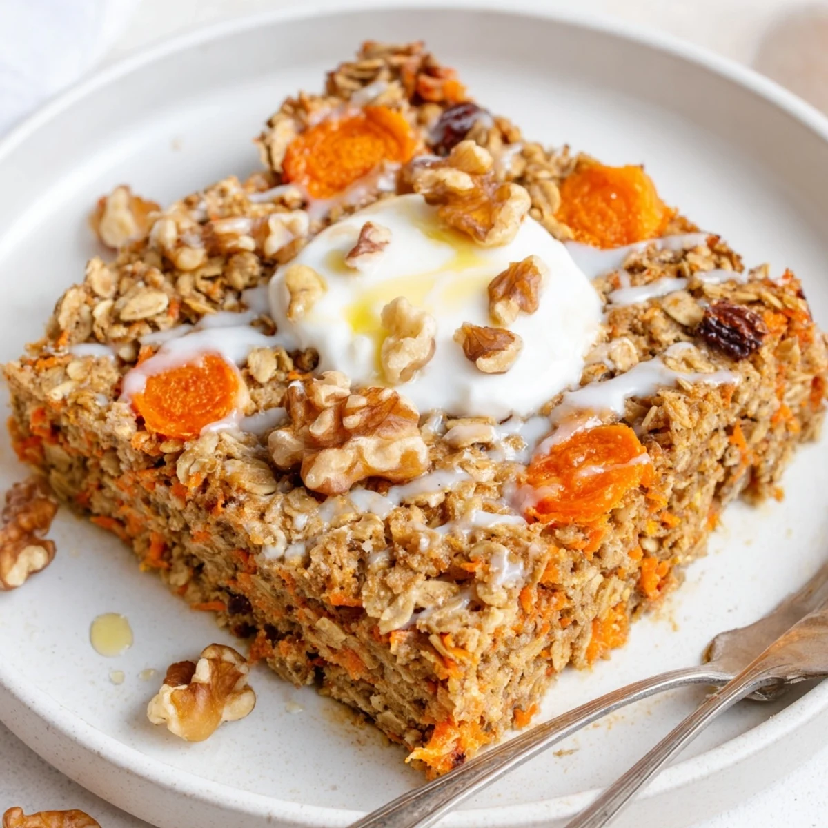 Warm Carrot Cake Baked Oatmeal slice topped with yogurt and maple drizzle